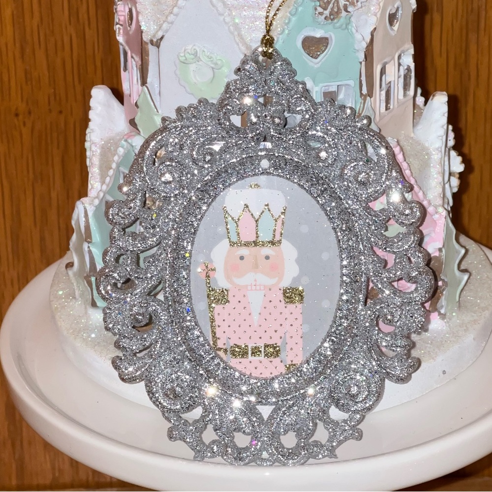 Custom pink pastel Nutcracker ornament silver embellished sparkling pink vintage